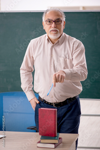 Old male teacher in front of green board © Elnur