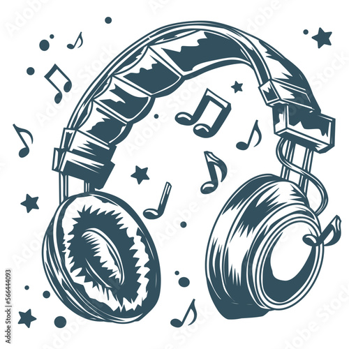 Drawn monochrome musical headphones with notes