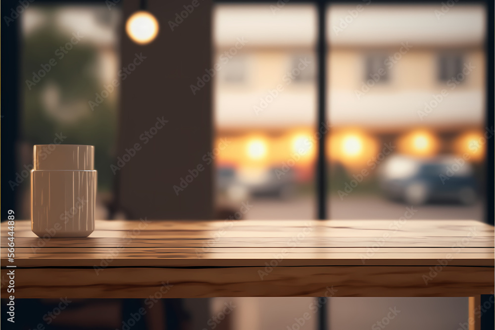 Ultra realistic illustration of a procduct wooden table with a unfocused background Ultra realistic illustration of a procduct wooden table with a unfocused background