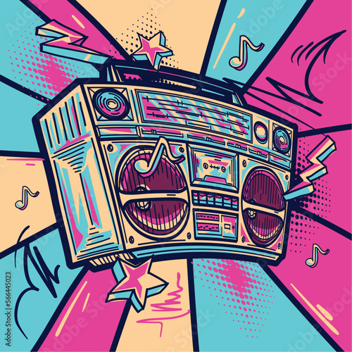 Music design - hand drawn colorful boom box tape recorder and musical notes