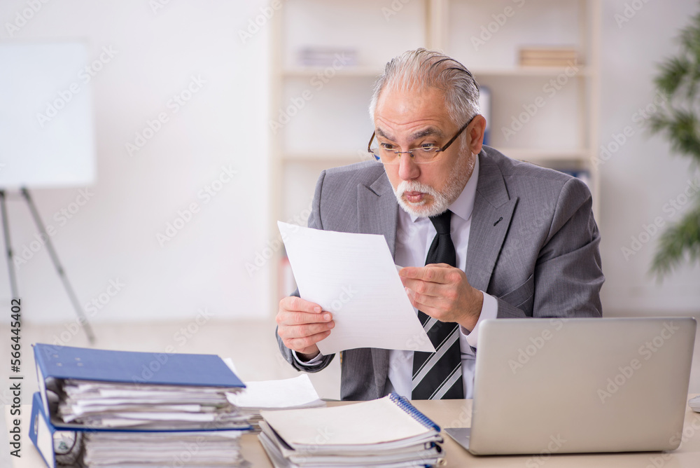 Old male employee working in the office Old male employee working in the office