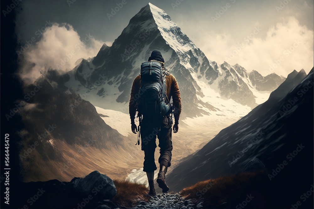 Man Walking Towards A Mountain - Motivational Poster Background Idea Man Walking Towards A Mountain - Motivational Poster Background Idea