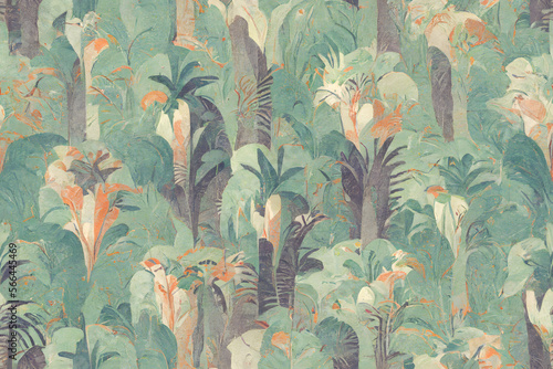 Fototapeta Naklejka Na Ścianę i Meble -  Vintage tropical pattern for seamless wallpaper, fabric, texture, tapestry, background, green, muted colors, jungle