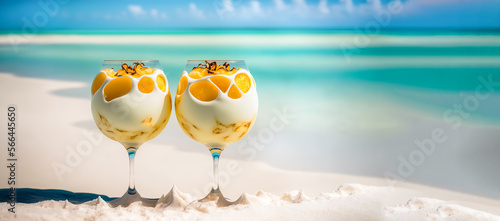 Cold refreshing summer mixed cocktail on a white sandy beach with a sea view and space for text. Background for summer vacation and travel. photo