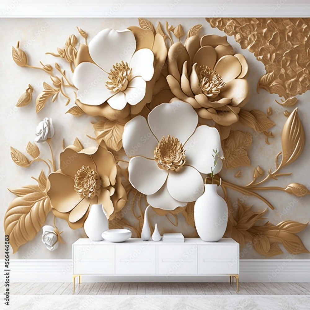 3d wallpaper flowers made of white and gold decorative gypsum 3d wallpaper flowers made of white and gold decorative gypsum