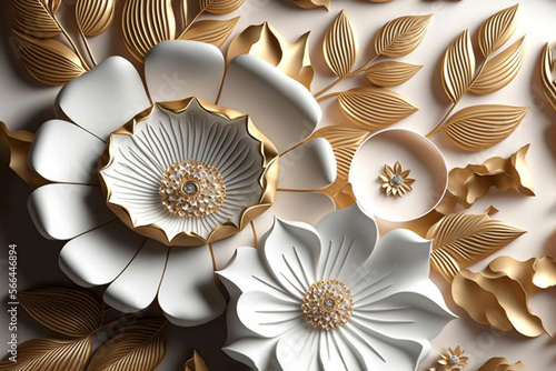 3d wallpaper flowers made of white and gold decorative gypsum