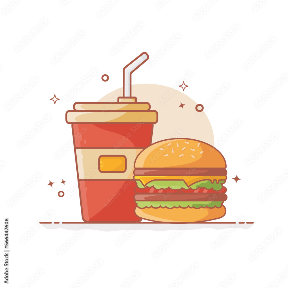 Hamburger and soft drink cup, fast food icon, flat design on white ...