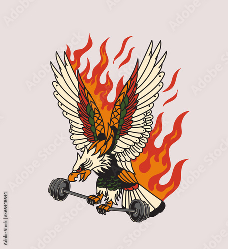 eagle holding barbel with fire as background in tattoo style