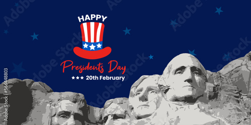 Happy Presidents Day Banner, Poster, or Cover Design With Mount Rushmore and Uncle Sam's Hat Illustration