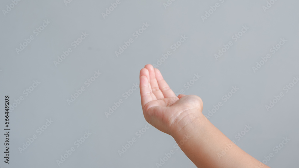 young girl finger gestures and receiving hand on a gray background. young girl finger gestures and receiving hand on a gray background.