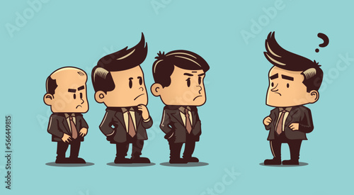 Team of businessmen with one of them beeing judged. Vector illustration