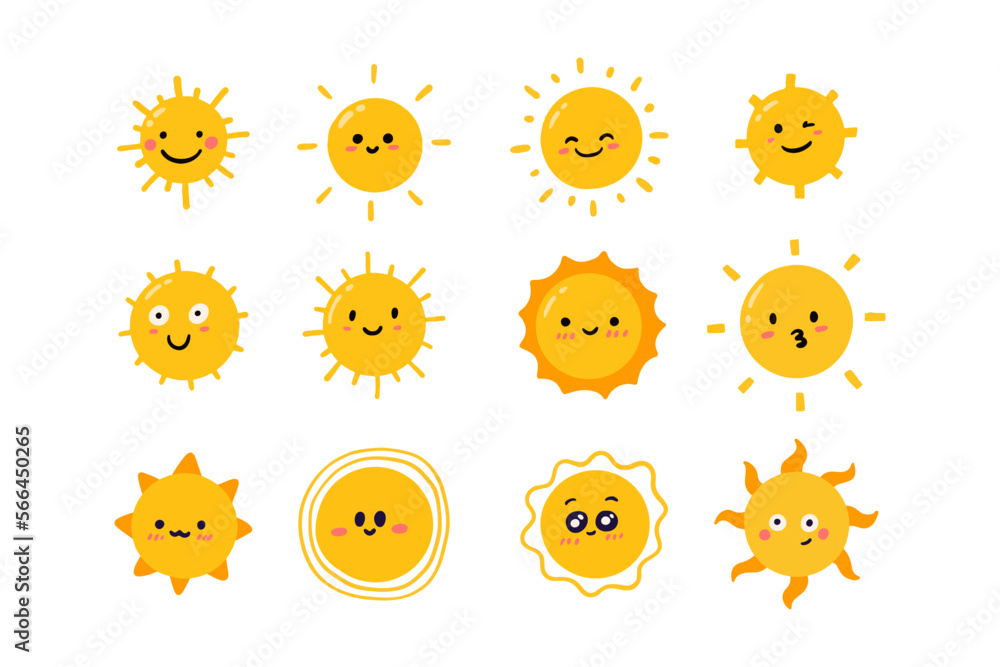 Big bundle of cute sun character illustration for kids design element. Set of funny sun in childish style