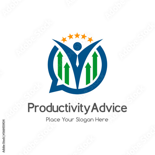 Productivity advice vector logo template. Design with development, human and chat symbol. Suitable for life motivation.