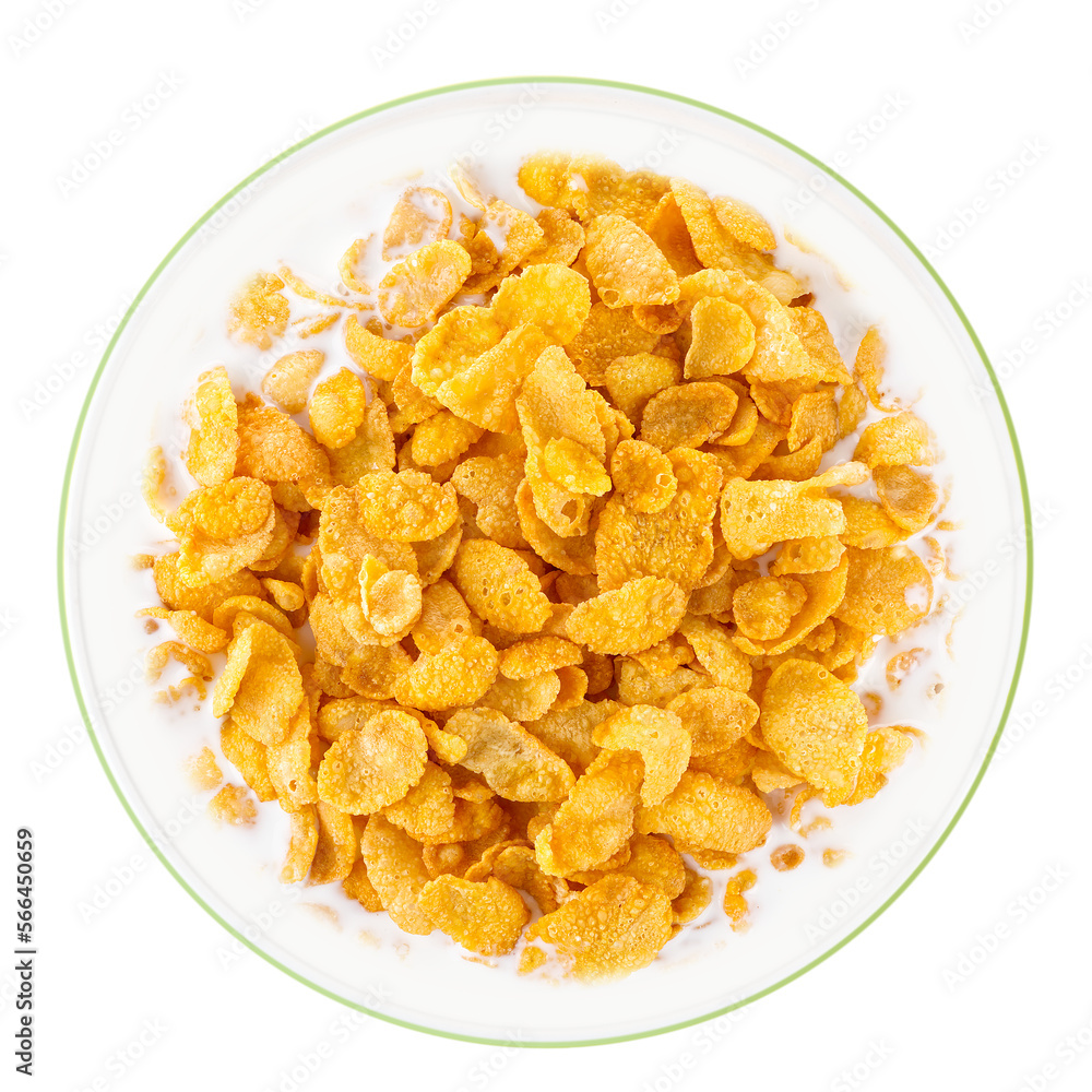 Bowl of sweet cornflakes with milk isolated on white background, top view. Corn flakes with milk splashes isolated on white Bowl of sweet cornflakes with milk isolated on white background, top view. Corn flakes with milk splashes isolated on white