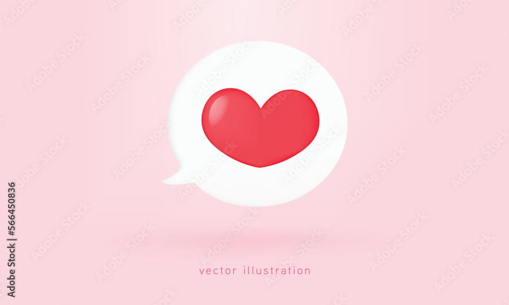 3d white speech bubble with Red heart message icon design. Happy Valentine's day. Romantic Symbol of Love botton. 3d vector rendering.