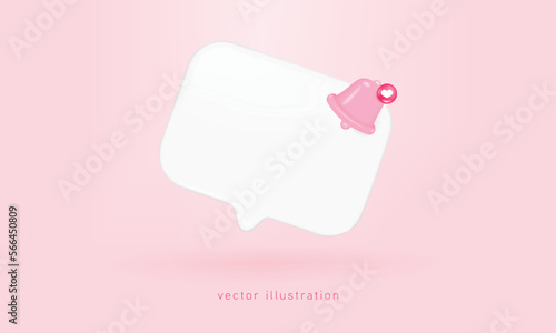 3d white speech bubble with pink bell alert notification social media notification icon isolated. Reminder valentine's day. Social media notification. 3d vector rendering. 