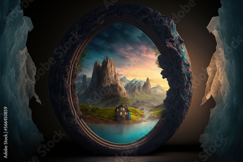 Fantasy world seen through keyhole, digital illustration, Generative AI