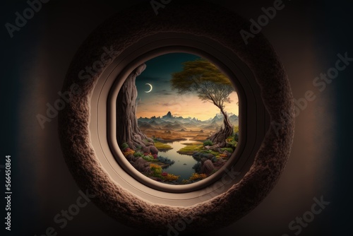 Fantasy world seen through keyhole, digital illustration, Generative AI