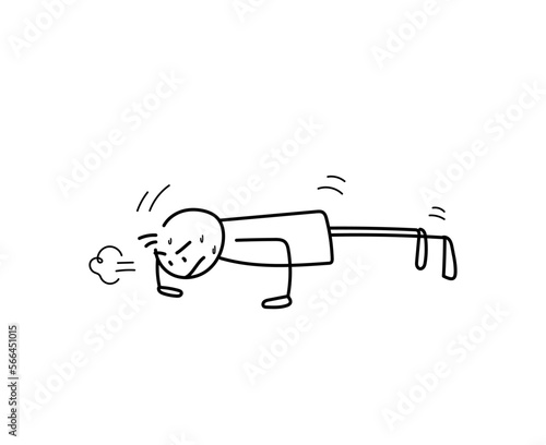 Sweaty stick figure doing push up exercise and plank, a drawing of a stick figure doing a workout.