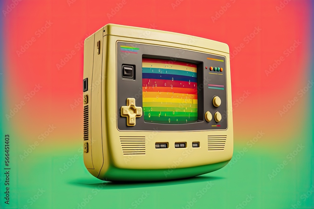Fototapeta premium Old video game console on rainbow background, digital illustration, AI