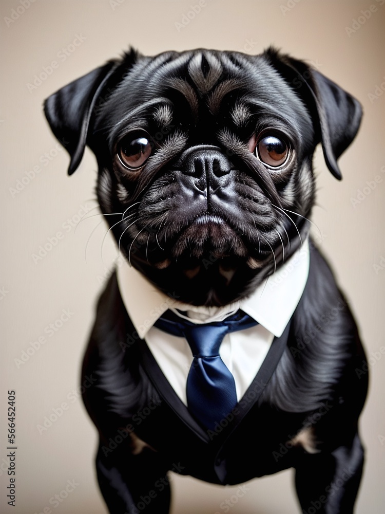 Retrato realista de un perro pug vestido con un esmoquin, IA Generativa