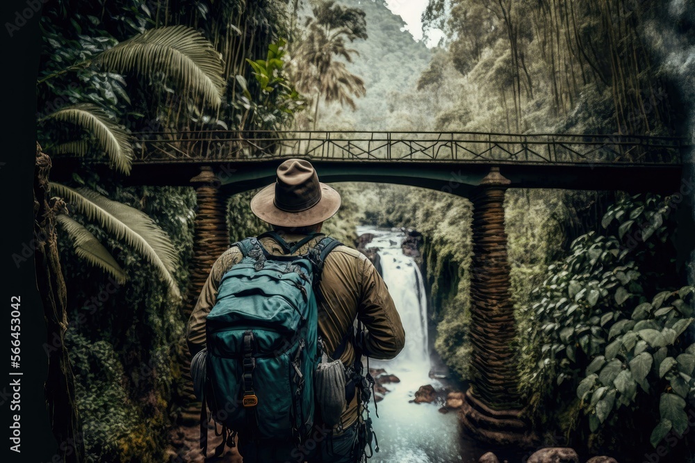 A man looking at a bridge over a waterfall in the jungle. A tourist hiking with backpack in the forest admiring a bridge over a cascade. Generative AI.