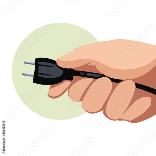 Human hand holding black plug cable vector illustration isolated on plain white background close up view. Simple flat cartoon art styled drawing with full colors.