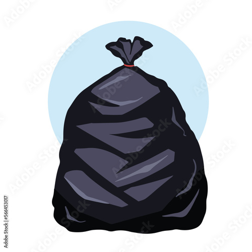 Black plastic garbage bag vector illustration isolated on white background. Cleaning and house work themed drawing with simple flat colored art style.