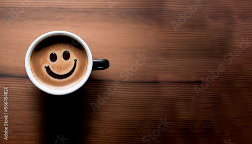 Hot chocolate, a happy hot chocolate, coffee, expresso in a white cup with a smiley face on a rustic wood background a good morning start to the day.  Generative ai