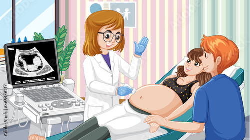 Doctor doing ultrasound scan for pregnant woman in hospital