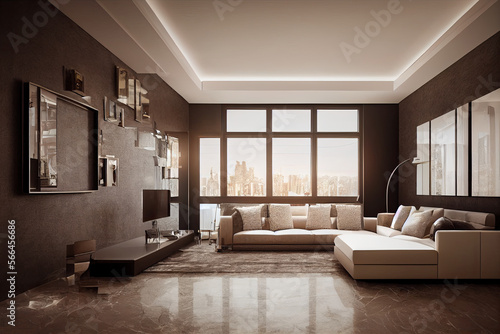 Large luxury modern elegant interiors Living room mockup. Modern style of furniture decoration. Generative AI illustration.