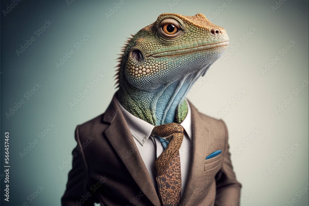 Portrait of a Reptile lizard dressed in a formal business suit, generative ai	
