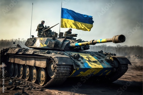 Battle tank, Ukraine flag. Military heavy vehicle. Army equipment for war and defense.   photo