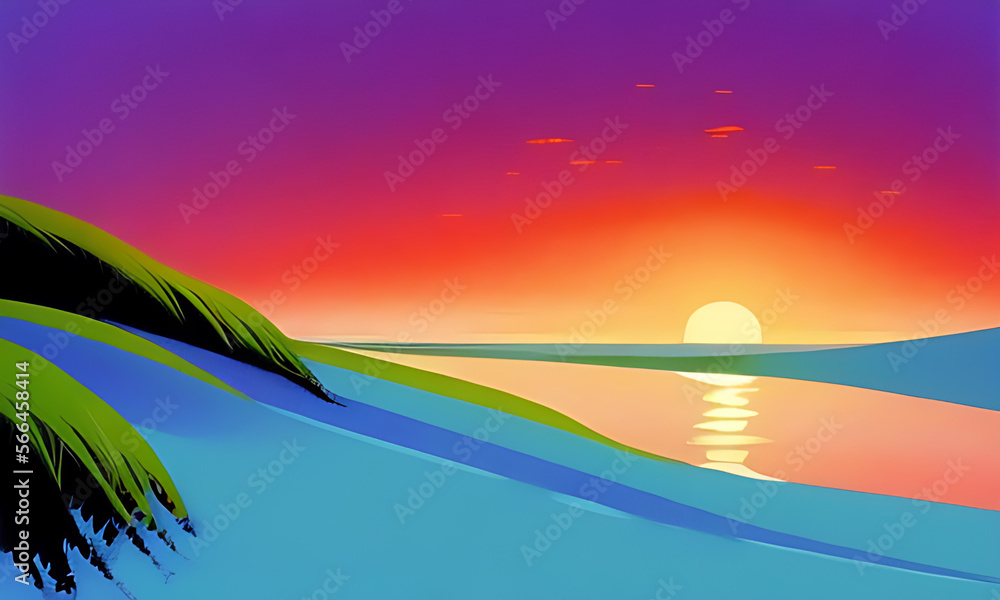 Generative AI : vibrant  beach sunrise in style of children's illustration background