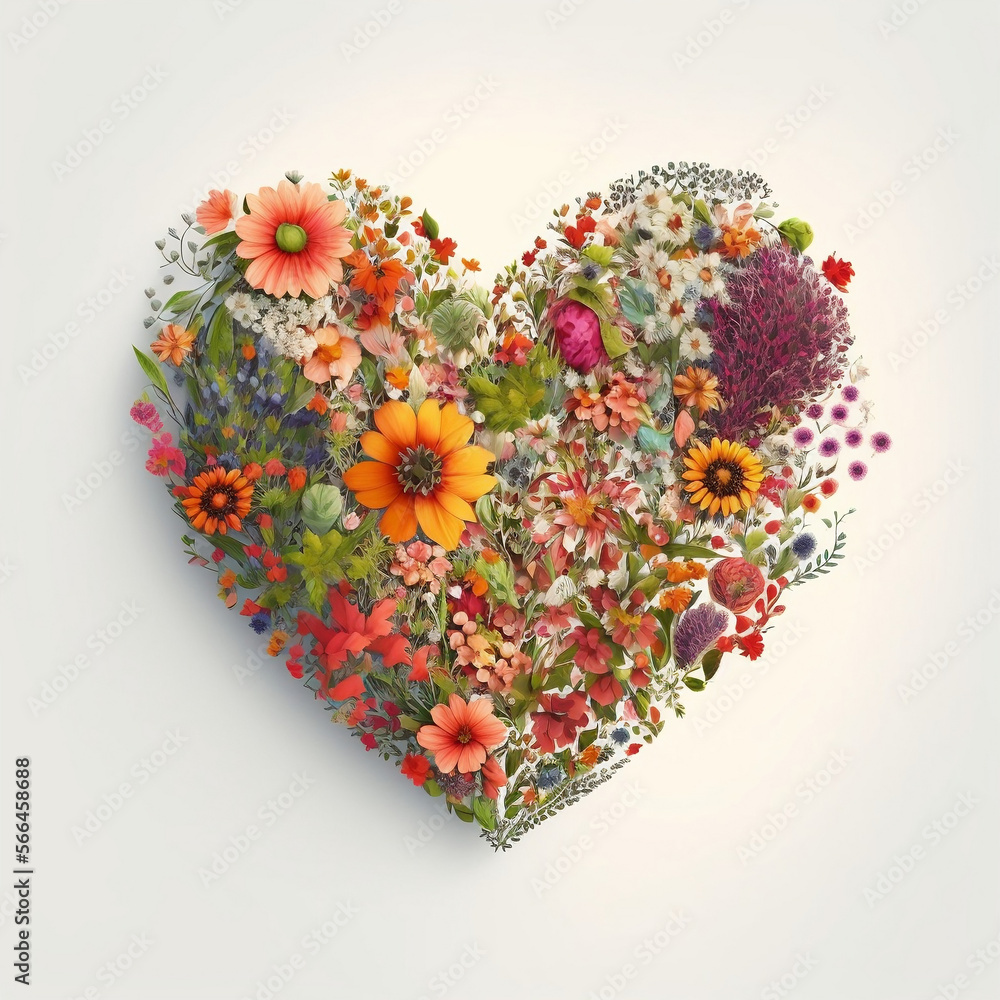 A heart made of flowers on a white background. Love, Valentine's. Generative AI. A heart made of flowers on a white background. Love, Valentine's. Generative AI.