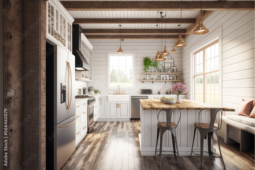 Kitchen Interior Design Rustic Glam Series: White shiplap walls with natural reclaimed wood beams, light colored furniture with metallic accents. Generative AI
Kitchen Interior Design Rustic Glam Series: White shiplap walls with natural reclaimed wood beams, light colored furniture with metallic accents. Generative AI