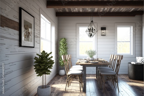 Dining Room Interior Design Rustic Glam Series  White shiplap walls with natural reclaimed wood beams  light colored furniture with metallic accents. Generative AI 