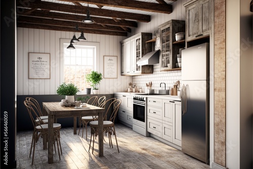 Kitchen Interior Design Rustic Glam Series: White shiplap walls with natural reclaimed wood beams, light colored furniture with metallic accents. Generative AI
