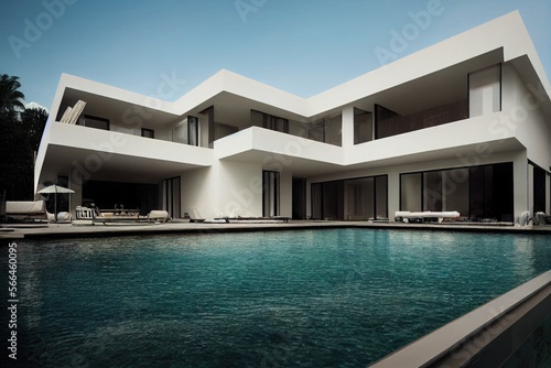 Luxury pool villa spectacular contemporary design digital art real estate   home  house and property  Generative AI illustration.