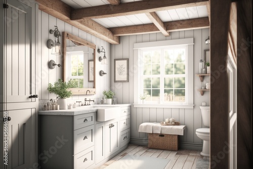 Bath Room Interior Design Rustic Glam Series  White shiplap walls with natural reclaimed wood beams  light colored furniture with metallic accents. Generative AI 