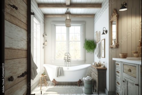 Bath Room Interior Design Rustic Glam Series: White shiplap walls with natural reclaimed wood beams, light colored furniture with metallic accents. Generative AI 