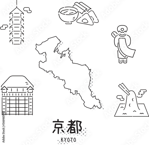 日本の京都府のグルメ観光アイコンセット（線画白黒）