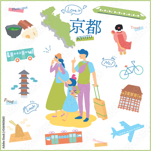 日本の京都府のグルメ観光を楽しむ旅行客の家族とアイコンセット