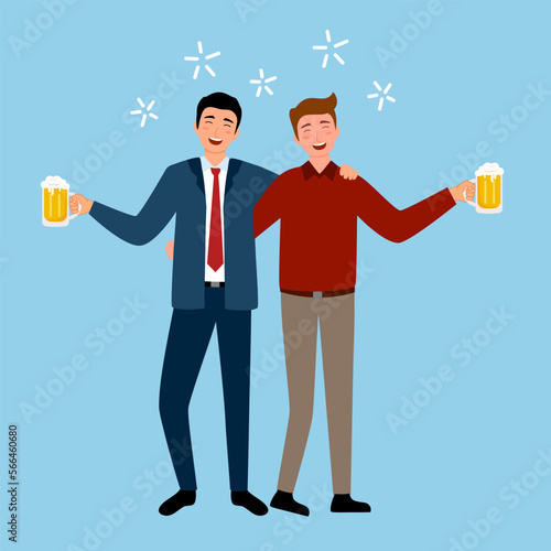 Two drunk businessmen enjoy drinking beer in flat design. Alcohol addiction. Alcoholism.