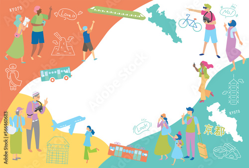 日本の京都府のグルメ観光を楽しむ人物とアイコンセット