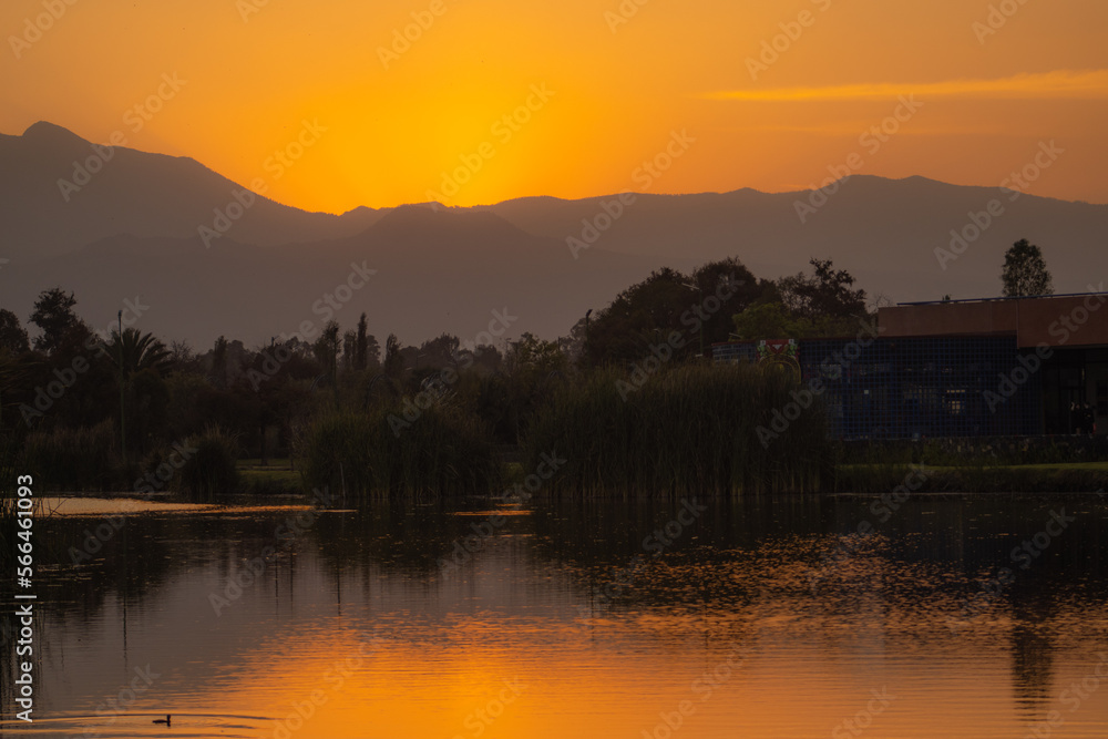 Fototapeta premium Atardecer en lago bosque 