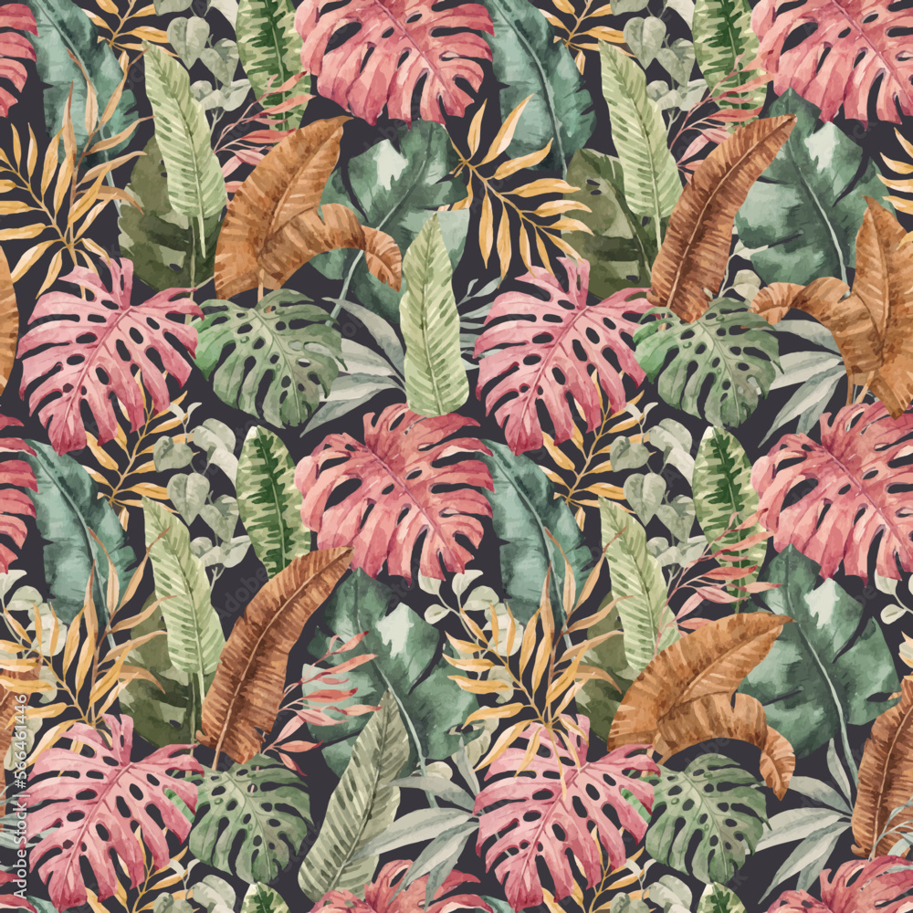 Obraz premium Beautiful autotraced vector seamless pattern with hand drawn watercolor colorful tropical palm leaves. Stock illustration. Wallpapper textile fabric design.