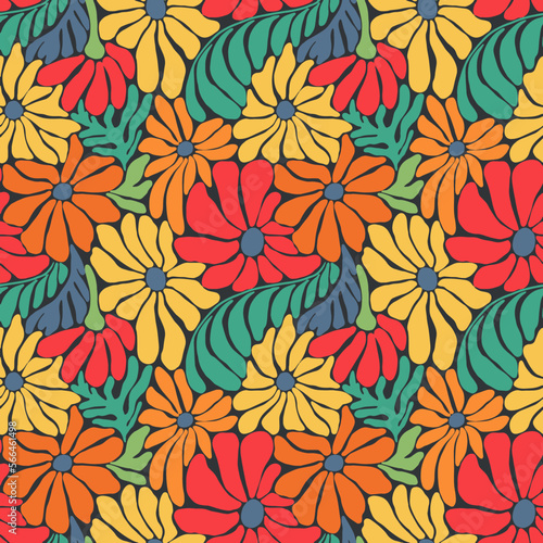 Beautiful vector old style 50s 70s retro floral seamless pattern with colorful flowers. Stock illustration.