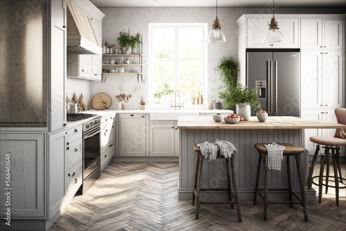 Kitchen Interior Design Coastal Retreat Series  Crisp white walls  bleached wood flooring  and coastal inspired natural woven textiles. Generative AI 