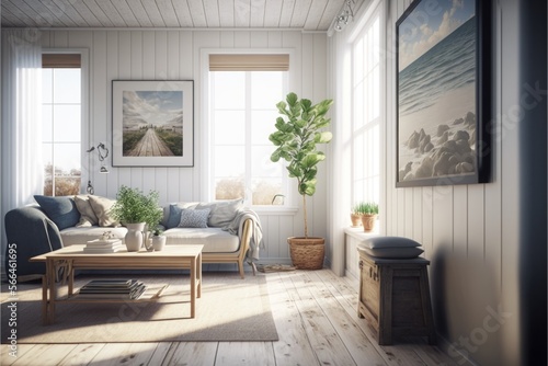 Living Room Interior Design Coastal Retreat Series: Crisp white walls, bleached wood flooring, and coastal inspired natural woven textiles. Generative AI  © Ardreen